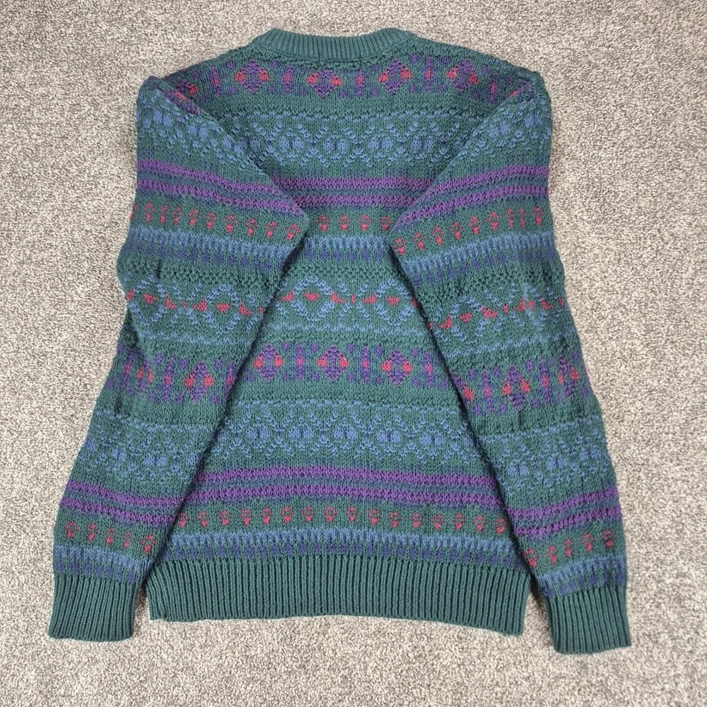 Vintage Eddie Bauer Fair Isle Sweater Mens Medium Green Cotton Knit Made in USA - Picture 2 of 6
